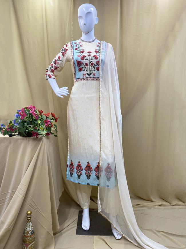 Muslin Cream Traditional Wear Applique Work Readymade Salwaar Suit